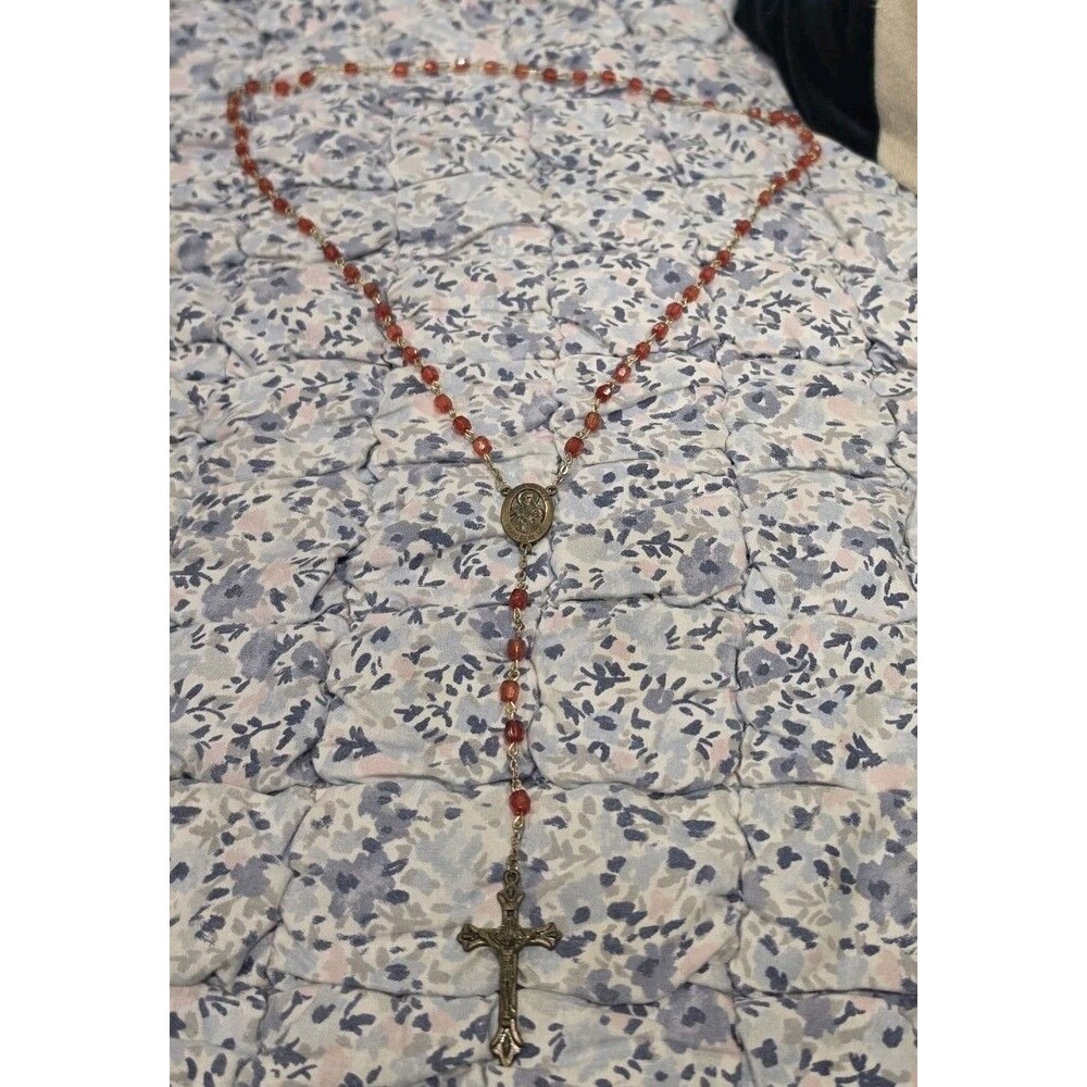 Vintage Red Glass Bead Rosary St Therese Pray For Us Gold Tone Catholic Medal